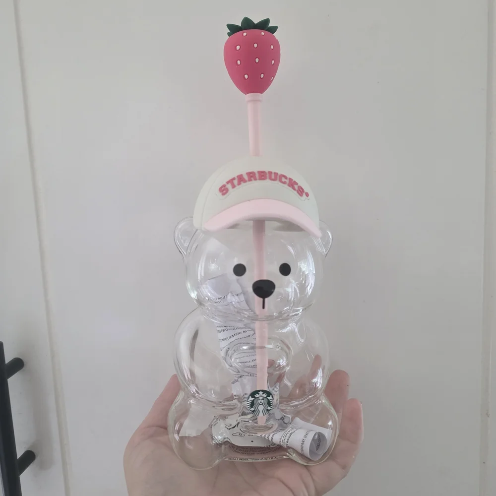 Starbucks Clear Bear Glass with Pink Strawberry Straw